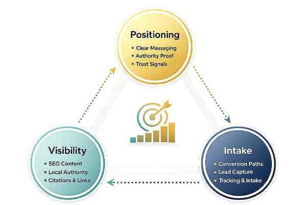 Diagram showing Sierra Digital Group’s three-pillar authority framework: Positioning, Visibility, and Intake working together to generate qualified client inquiries.